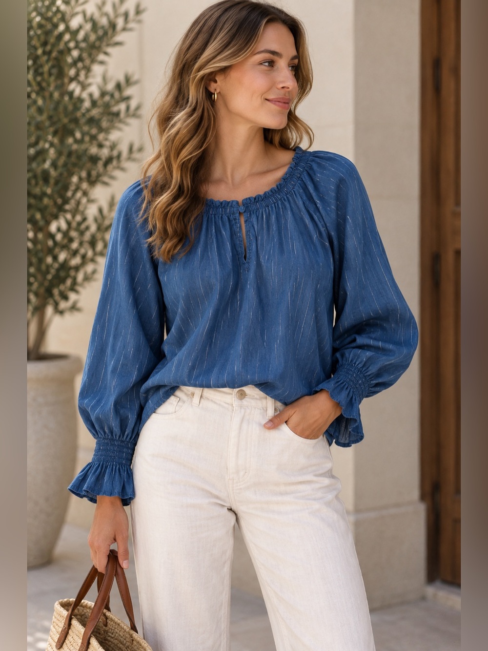 White House Black Market Blue Long-Sleeve Smocked Cuff Peasant Blouse